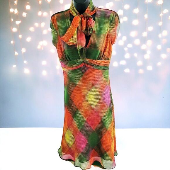 BCBG Maxazria 100% silk sunset rainbow sheer diamond flutter dress - Picture 1 of 5